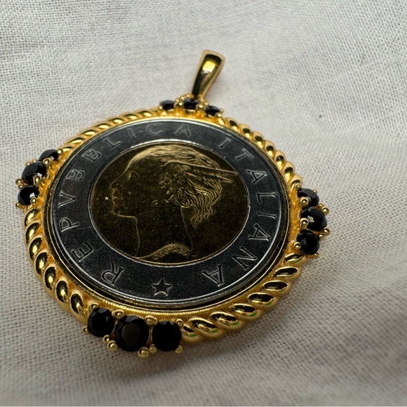 Bellezza Jewelry - Bellezza 500 Lira Coin Black Spinel Two Sided Gold Tone HSN Pendant Italy